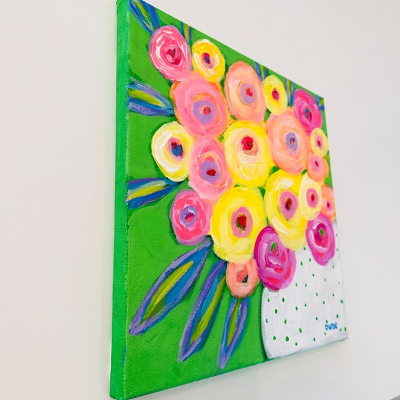 Original Painting Collectible Flowers White with Green Polka Dot Vase 12" x 12" - Picture 2 of 3